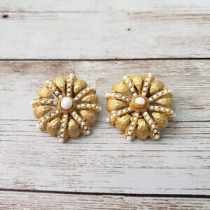 Vintage Clip On Earrings Large Gold Tone & White Statement Earrings